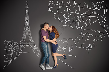 快乐情人节的爱情故事,浪漫的夫妇巴黎亲吻埃菲尔铁塔下粉笔绘画背景背景图片