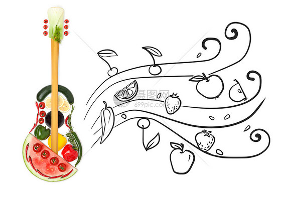 张由蔬菜水果制成的站立吉他的创意照片,背景灰色的粗糙的流动的水果味图片