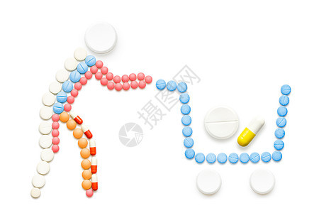 创造的医学保健由药丸,药物购物车,隔离白色图片