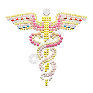创造的医学医疗保健由药物药丸制成,隔离白色上卡杜塞医学象征商业象征,其特征蛇缠绕翼棒上图片