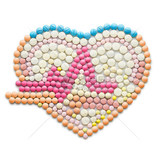 创造的医学医疗保健由药物药丸制成,隔离白色上心电图,颗心跳线的人类心脏图片