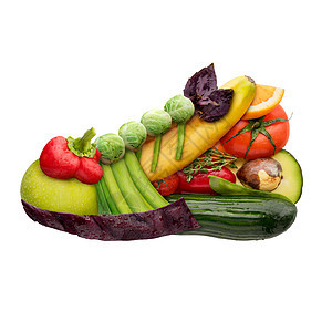 水果蔬菜的形状个跑鞋教练,食物孤立白色背景上图片