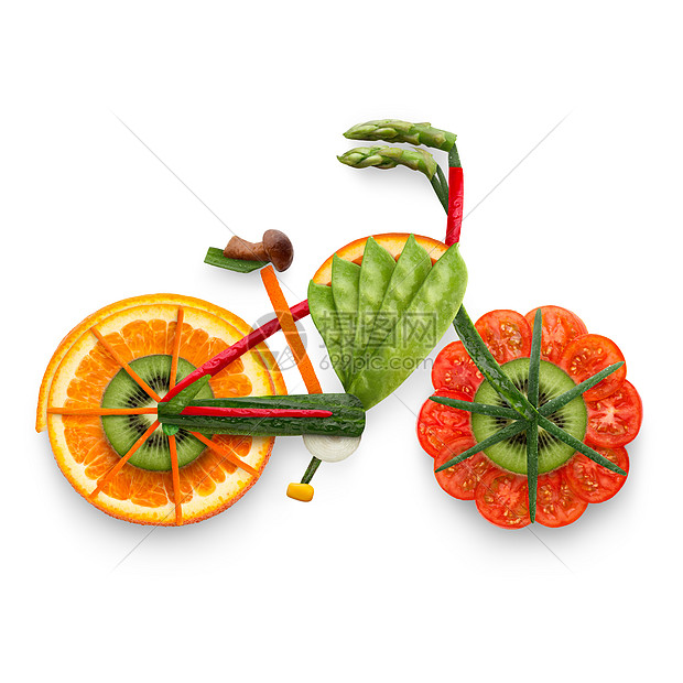 健康食品的电动自行车详细制作的新鲜蔬菜水果充满维生素,隔离白色图片