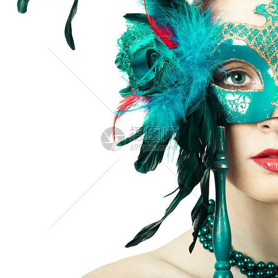 美女模特女人戴着威尼斯人化装狂欢节具诞节新完美的妆容图片