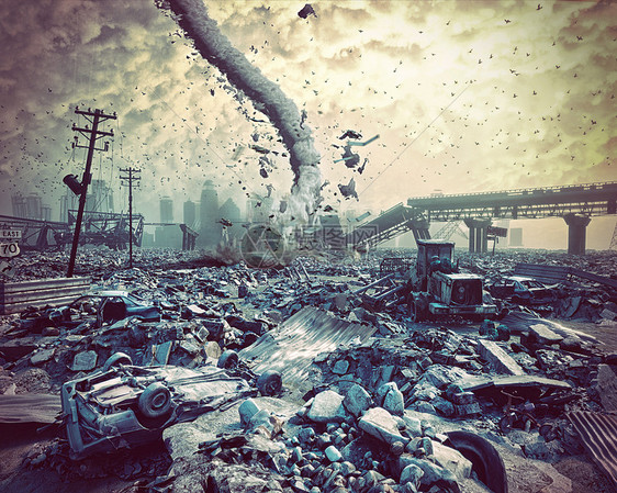 城市废墟龙卷风灾难景观三维插图图片