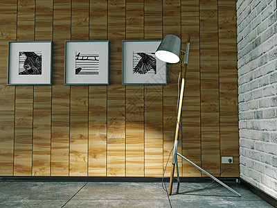 地板灯内部与木材装饰墙壁三维插图图片