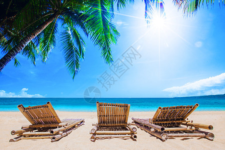 棕榈树下的海滩床海滩床棕榈树下的热带海滩,夏季度假的图片