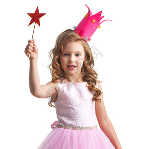 魔法小仙女小仙女带着魔杖小仙女穿着粉红色的衣服皇冠,用魔杖施了魔法,孤立白色的背景上背景