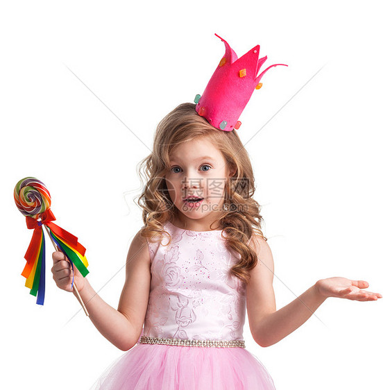 糖果公主女孩美丽的小糖果公主女孩戴着大棒糖,双手举空中说,为什么,知道,所以什么图片