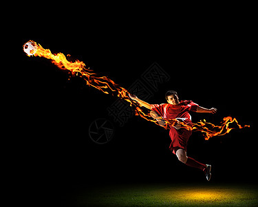 卡通足球上火焰足球运动员带球穿着红色衬衫的足球运动员的形象背景