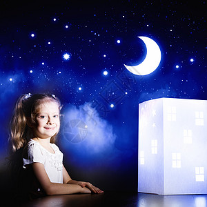 看星星的小女孩晚上梦可爱的小女孩看着房子的模型梦想背景