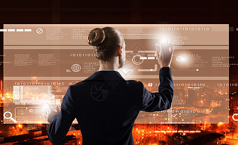 大屏创新技术女商人触摸媒体屏幕图标的后视镜背景