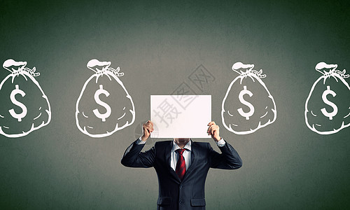 美元货币目全非的商人着纸遮住他的脸提出了金钱的