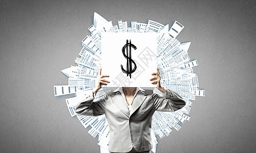 美元货币目全非的商人着纸遮住他的脸提出了金钱的