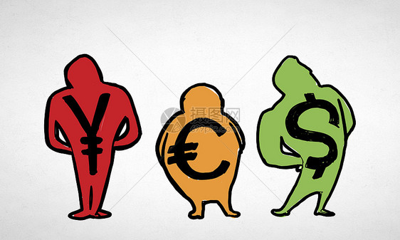 货币趣的卡通人物,白色背景上货币标志图片