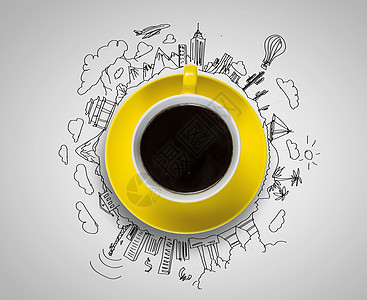 咖啡时间杯咖啡,背景上草图图片