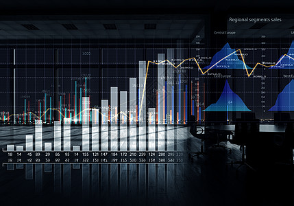 办公室内部图表图表现代办公窗口视图与虚拟市场信息图片