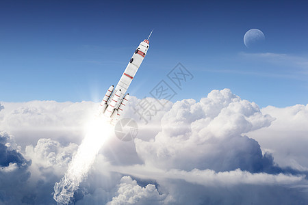 飞走火箭太空飞船用蓝天上高高飞背景