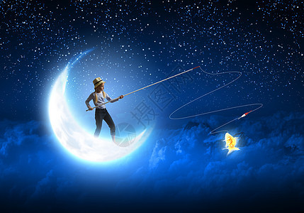 小渔夫可爱的女孩站月亮上着钓鱼竿图片