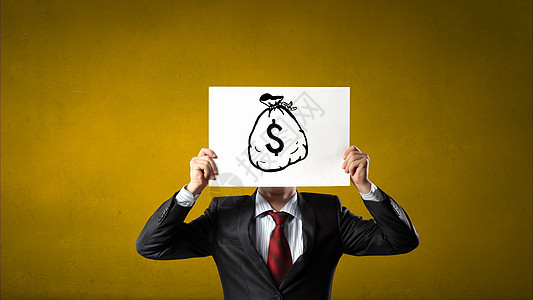 美元货币目全非的商人着纸遮住他的脸提出了金钱的