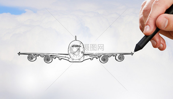 师画飞机人天空背景上画飞机模型图片