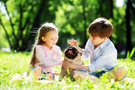 可爱的男孩女孩夏天的公园他们的狗公园的暑假周末图片