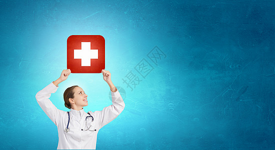 医学十字符号吸引力的女医生白色药物交叉标志图片