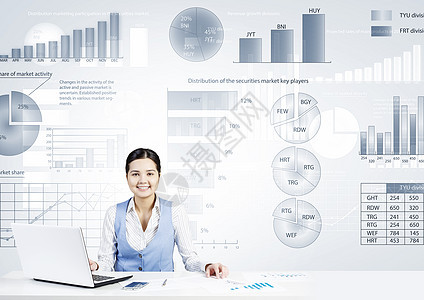市场分析报告桌子上工作的女商人笔记本电脑背景信息图片
