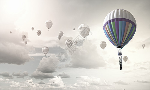 商人飞来寻找悬挂气球上的想法寻找新的商业想法图片