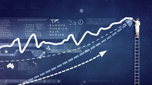 梯子顶上的女人女商人站梯子上的后视镜绘图图图片