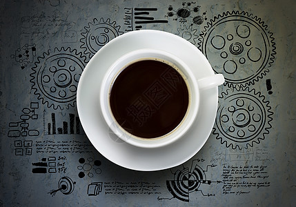 咖啡休息时间背景上杯咖啡齿轮图片