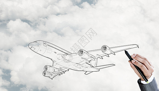 师画飞机人天空背景上画飞机模型图片