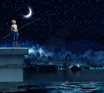 天空之鱼素材小渔夫晚上带着鱼竿的小男孩背景