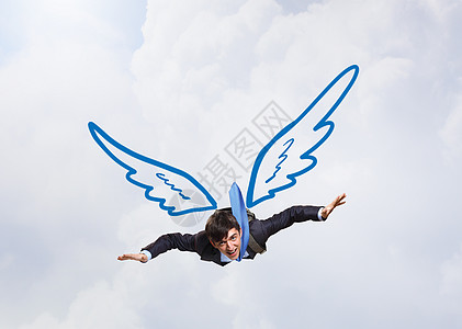 飞得更高的氢气球商人飞得很高轻的商人,长着翅膀天空中飞翔背景