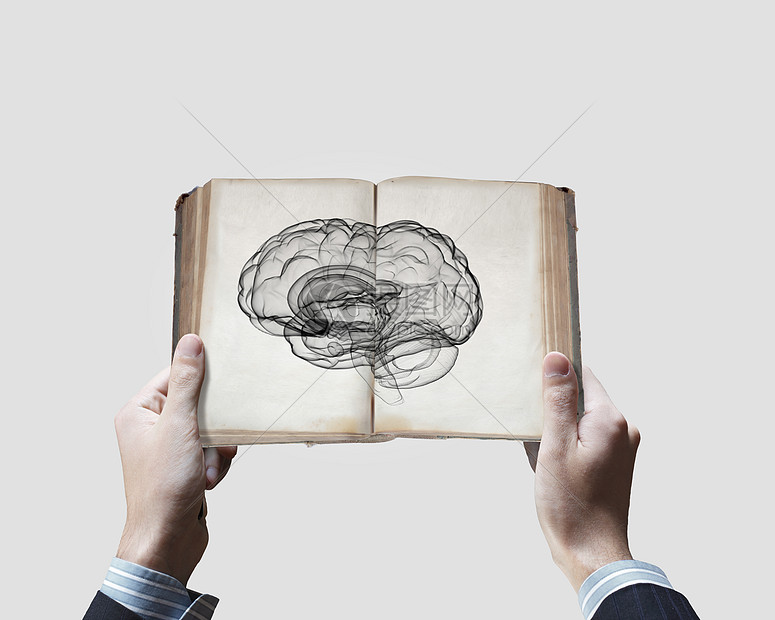 精神能力特写男的手,着打开的书大脑图片图片