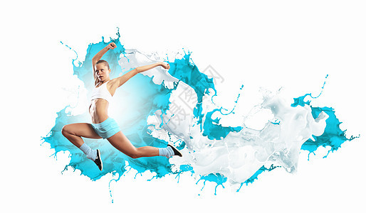 运动女跳跃的形象运动女孩的形象跳跃的颜色飞溅的背景图片