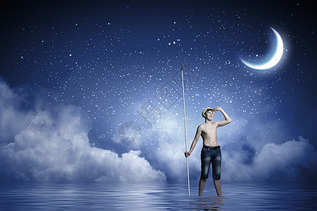 天空之鱼素材小渔夫晚上带着鱼竿的小男孩背景