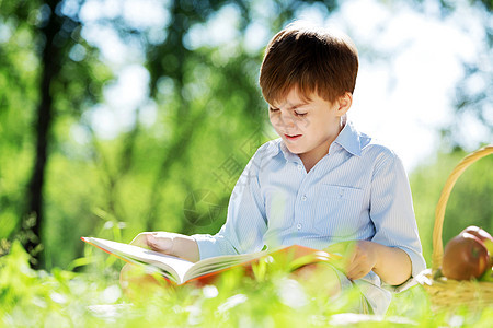 夏天公园里可爱的男孩坐毯子上看书暑假周末户外图片