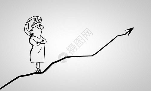 卡通趣的女人白色背景上站箭头上的女人的漫画图片