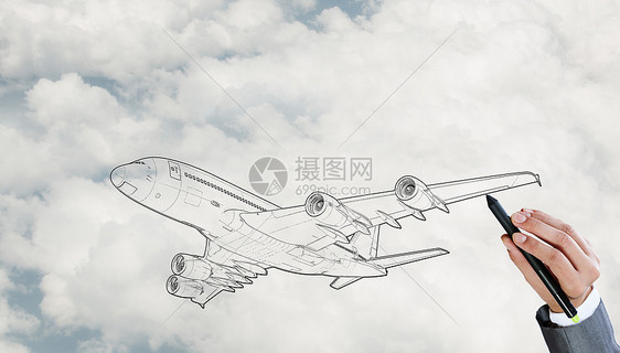 师画飞机人天空背景上画飞机模型图片