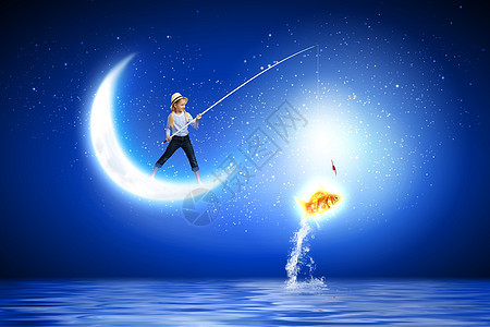 小渔夫可爱的女孩站月亮上着钓鱼竿图片