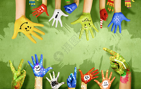 人类的手五颜六色的油漆中符号图片