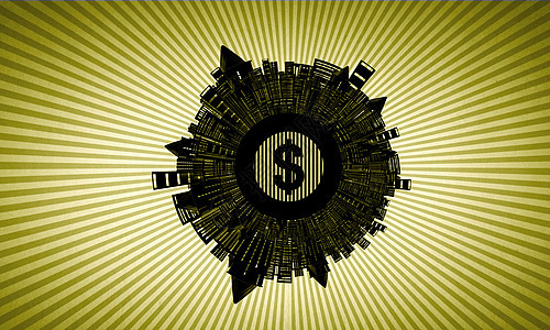 赚钱的美元标志与城市建筑周围的黄色背景图片