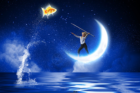 钓鱼 修身养性小渔夫可爱的女孩渔夫扔鱼叉抓金鱼背景