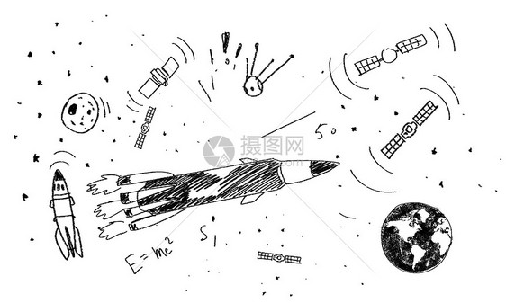 牵引火箭白纸上的火箭草图图片