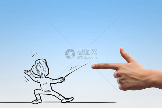 击剑运动滑稽的漫画人击剑与人的手战斗图片