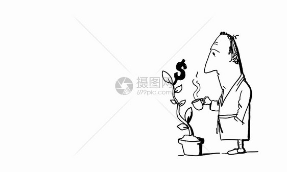 卡通趣的人滑稽商人白色背景上浇钱树的漫画图片