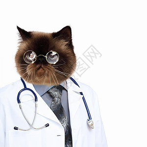 穿着长袍的滑稽毛茸茸的猫医生穿着长袍眼镜的滑稽毛茸茸的猫医生拼贴图片