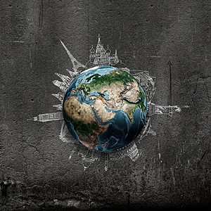 埃菲尔铁塔素描世界各地地球行星黑暗的背景与铅笔草图这幅图像的元素由美国宇航局提供的背景
