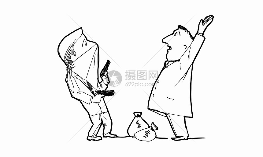 抢劫钱财白色背景下抢劫的漫画滑稽形象